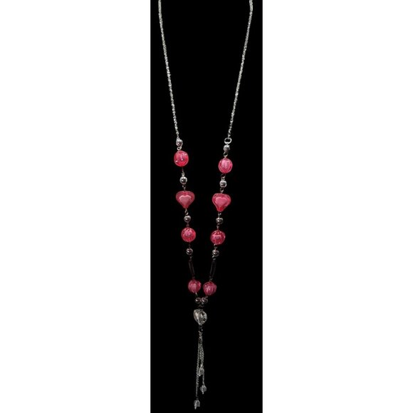 Coquette Heart Pink And Silver Tone Station Necklace With Tassel Accent - Picture 5 of 7